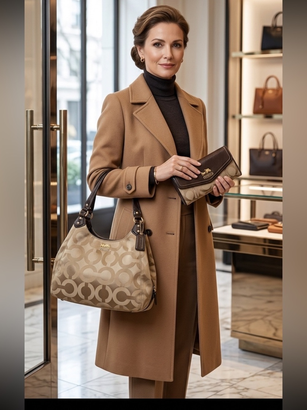 Coach Tan Signature Shoulder Bag with Dark Brown Trim and Wallet
